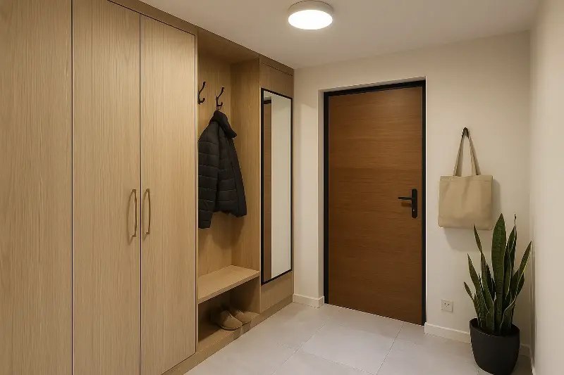Elegantná vstavaná skriňa v predsieni s veľkým zrkadlom a integrovaným botníkom pre maximálne využitie priestoru.