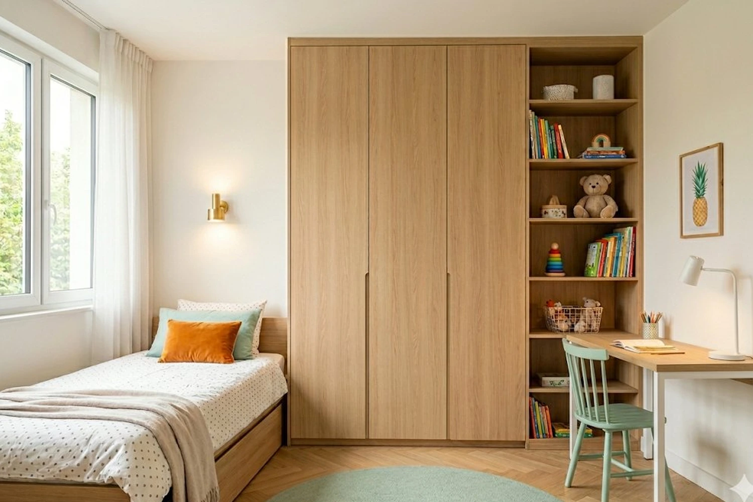 Detská izba s úložným priestorom na hračky a písacím stolom