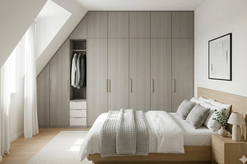 Moderná vstavaná skriňa v spálni s bielymi posuvnými dverami a elegantným osvetlením