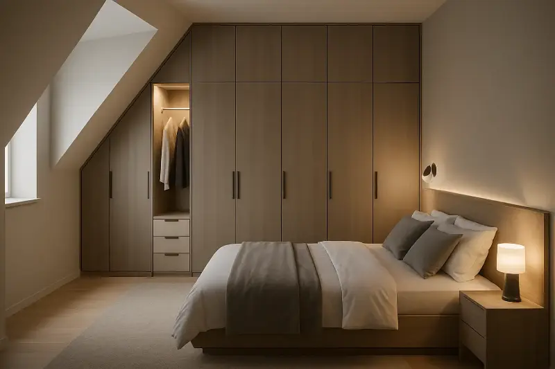 Moderná vstavaná skriňa na mieru v spálni, s bielymi posuvnými dverami a elegantným osvetlením.
