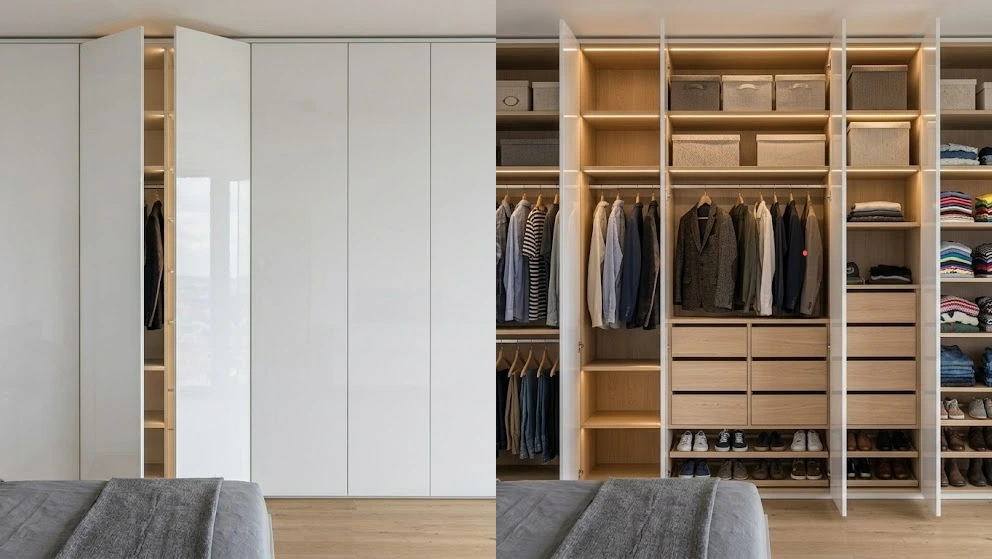 Biela vstavaná skriňa s pántovými dverami — zatvorená a otvorená s osvetlením