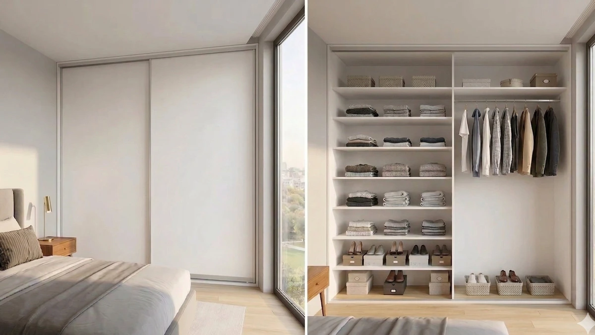 Biela 2-dverová vstavaná skriňa s posuvnými dverami — zatvorená a otvorená