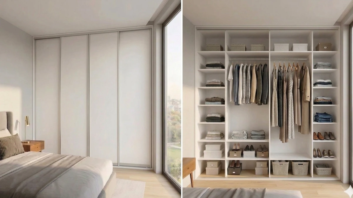 Biela 4-dverová vstavaná skriňa s posuvnými dverami — zatvorená a otvorená