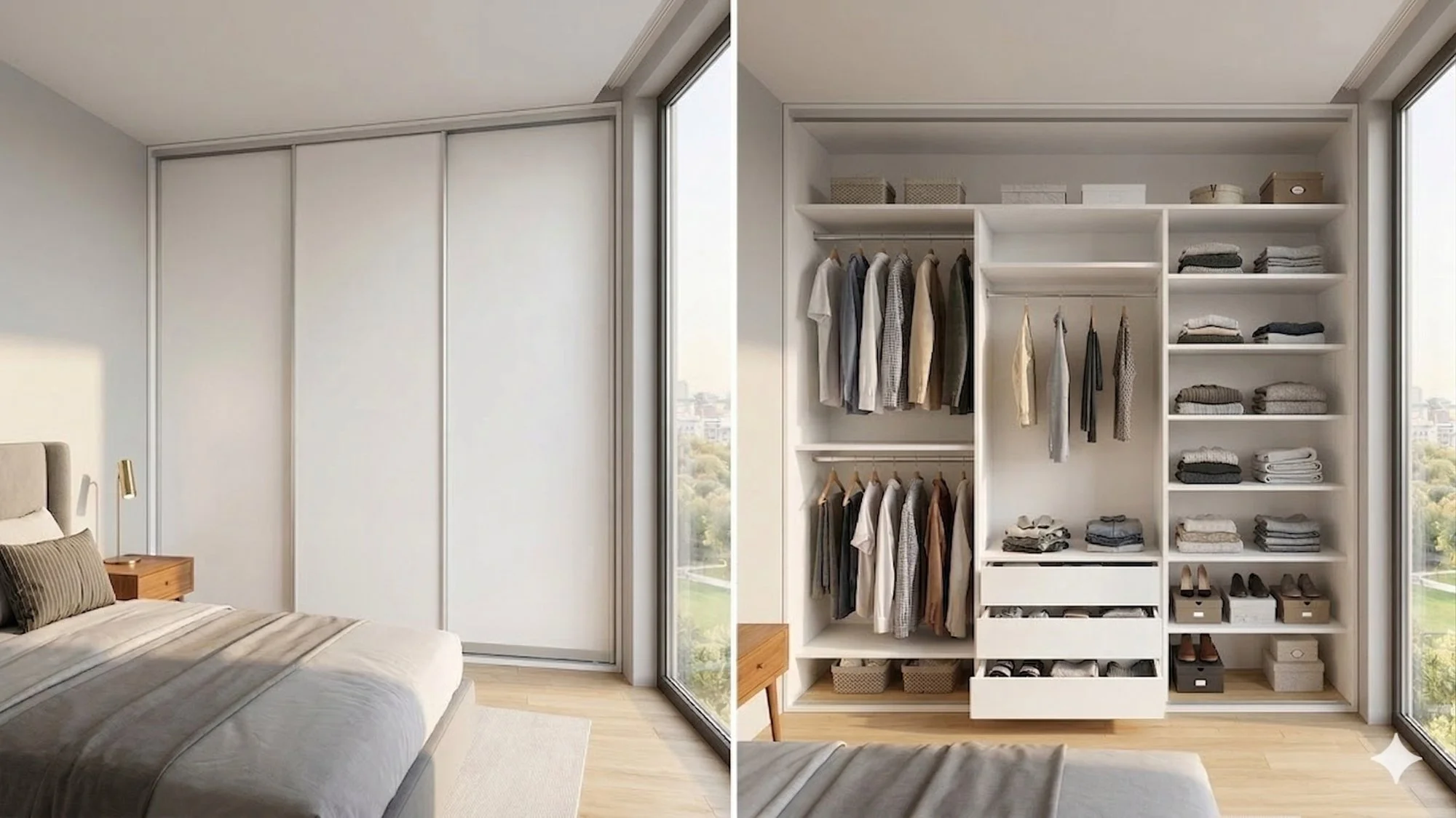 Biela vstavaná skriňa s posuvnými dverami — zatvorená a otvorená