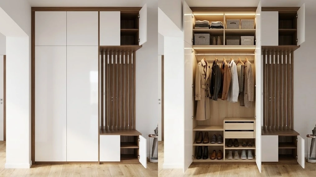 Predsieňová skriňa v kombinácii orech a biela perla s lavičkou a otvorenou nikou