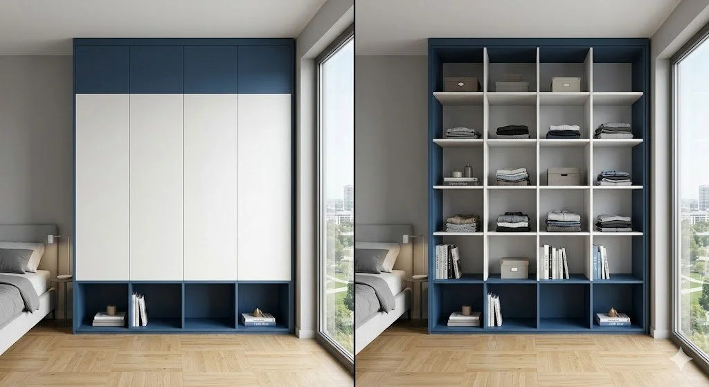 Moderná modrá skriňa s bielymi dvierkami push-to-open